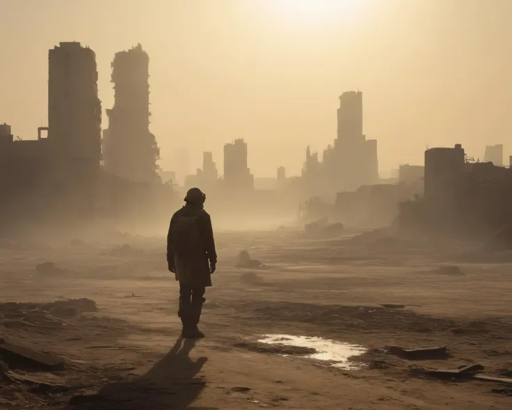 a aerial landscape shot of a silhouette a distant destroyed city an abstract composition of an apololyptic world reminiscent of a city full of highrise buildings, sun-faded photograph. The image features soft, blurred shapes and lines that evoke a sense of nostalgia and hazy memories, a silhouette of man in a gas mask in the far in the distance is walking The color palette is dominated by warm, muted tones of yellow, orange, and beige, as if the scene is bathed in the golden light of a late afternoon sun. Subtle, organic textures overlay the composition, creating a tactile, aged feel. silhouette of a destroyed city