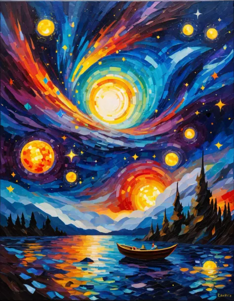 abstract expressionist painting Drift away on a nocturnal journey, carried aloft by the winds of fancy and wonder. Embark on a gravity-defying quest as a magic flying explorer, venturing towards the Pleiades aboard an enchanted sailboat, afloat amidst the twilight sky. Navigate through a mesmerizing mosaic of stars, planets, and celestial bodies, as if crafted from thousands of precious gemstones. Mist and fog blanket the scene, imbuing a tangible sense of mystery and intrigue. The cosmos stretches outwards, welcoming the intrepid voyager into the eternal embrace of the night sky. Prepare for a breathtaking odyssey through time and space, as the mosaic tile art guides you along a path of discovery, adventure, and transformation. . energetic brushwork, bold colors, abstract forms, expressive, emotional