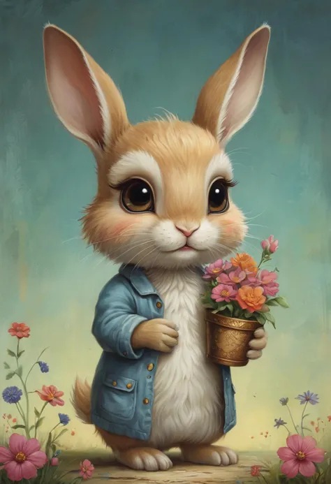 1 cute rabbit holding a flowerpot, fluffy, intricate details, 8K,  <lora:styleOfJeremiahKetner-sdxl:0.3> style of Jeremiah Ketner