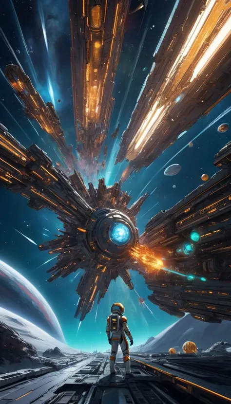 space-themed Prepare a visually arresting sci-fi concept art piece, earth's most accomplished quantum entangled cosmonaut aboard her sentient spaceship, traversing wormholes to investigate strange anomalies threatening humanity's survival, encapsulate the psychedelic space warps and time distortions experienced during faster-than-light travel in an otherwise cold, sterile vacuum. Feature intricate machinery, luminescent displays, and advanced alien species encountered along the way. Utilize abstract expressionism combined with hyper-realistic rendering to convey the disorienting and often paradoxical nature of quantum physics. Balance serene tranquility with explosive energy, channeling influences from Salvador Dalí and Roger Dean to generate a surreal journey transcending dimensions. Ensure that every minute detail pops with crystalline clarity and intensity, suitable for large format printing or eye-catching desktop wallpaper. . cosmic, celestial, stars, galaxies, nebulas, planets, science fiction, highly detailed