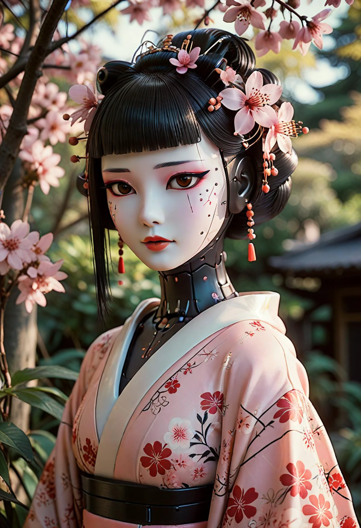 analog film photo (zavy-cbrpnk, faceplate:1.4), elegant humanoid robot geisha, floral kimono, soft subtle colors, suggestive smile, from the side, looking at viewer, eye catch-lights, atmospheric lighting, soft shadows, outdoors in the shade, flower garden, bokeh, <lora:zavy-cbrpnk-sdxl:0.7>,
<lora:Hyper-SDXL-8steps-lora:1.0> . faded film, desaturated, 35mm photo, grainy, vignette, vintage, Kodachrome, Lomography, stained, highly detailed, found footage