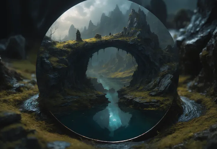 mystical landscape, circular, bite-sized, bold, aesthetic,  sharp focus, high contrast, professional, intricate details, masterpiece, best quality