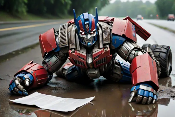 Photo of Optimus Prime lying on the ground, rain, paper, cloudy day, muddy