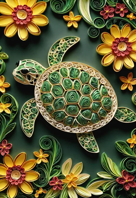 paper quilling art of ,art of an award-winning photo of a turtle laying in flowers looking over his shoulder:1.5, hyperrealistic, natural habitat, beautiful  flowers, Intricate, delicate, curling, rolling, shaping, coiling, loops, 3D, dimensional, ornamental
 . intricate, delicate, curling, rolling, shaping, coiling, loops, 3D, dimensional, ornamental