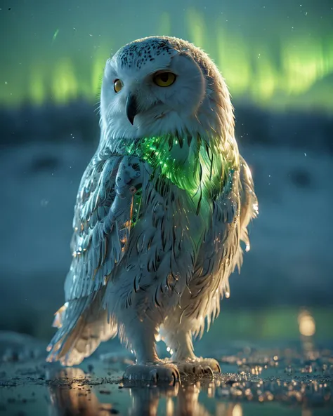 snowy owl made entirely of transparent ice, water, outdoors, (transparency:1.5), reflections, full body, aurora borealis, <lora:MJ52:0.4>, <lora:tranzp:1> tranzp