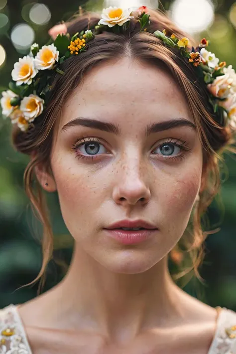 color photo of a lady, flowers on hairs, bokeh, cinematic, RAW candid cinema, 16mm, color graded portra 400 film, remarkable color, ultra realistic, textured skin, remarkable detailed pupils, realistic dull skin noise, visible skin detail, skin fuzz, dry skin, shot with cinematic camera