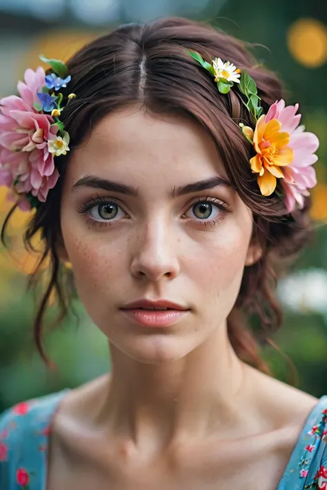color photo of a lady, flowers on hairs, bokeh, cinematic, RAW candid cinema, 16mm, color graded portra 400 film, remarkable color, ultra realistic, textured skin, remarkable detailed pupils, realistic dull skin noise, visible skin detail, skin fuzz, dry skin, shot with cinematic camera