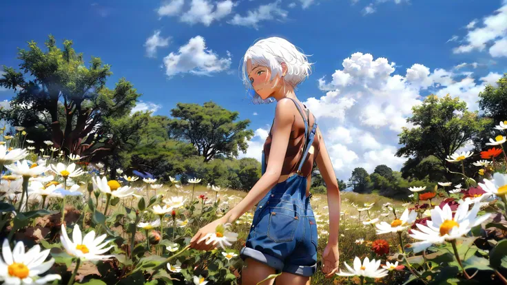 <lora:MeMaXL_V3:1>,from side,solo,1girl,white hair,short hair,hair flower,dark-skinned female,brown eyes,beautiful_detailed_eyes,medium breasts,wide hips,light smile,naked overalls,bare shoulders,bare legs,bare arms,grass,flower,multicolored flowers,sweat,blue sky,cloudy sky,sun,looking back,tree,wind,