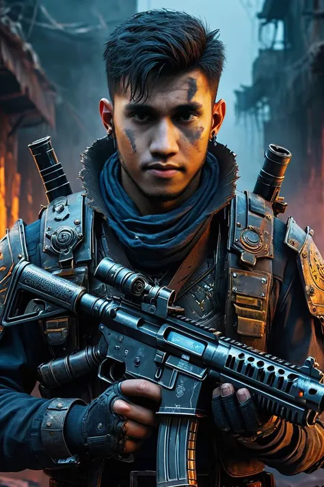 "1man, solo, detailed textures, fatal ruin background, LED,, closed mouth, cowboy shot, , holding epic otomatic machine gun:1,armor, explotion, ((LED body Armor:1)),leather body armor, semi robotic:1, ((NIGHT MODE)), , deep blue light eyes, fog:1, perfect ruin cyberpunk background, <lora:lora:1>