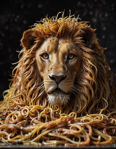 photograph (((Lion made of spaghetti))), perfect composition, masterpiece, best quality, Only spaghetti+++, 50mm . cinematic 4k epic detailed 4k epic detailed photograph shot on kodak detailed cinematic hbo dark moody, 35mm photo, grainy, vignette, vintage, Kodachrome, Lomography, stained, highly detailed, found footage, (((Lion made of spaghetti))), perfect composition, masterpiece, best quality, Only spaghetti+++, highly detailed, sharp focus, cinematic light, dynamic background, elegant, intricate, fine detail, very inspirational, ambient, advanced, futuristic, professional, artistic, dramatic color, illuminated, beautiful, deep colors, inspired, amazing, epic, stunning, gorgeous, brilliant