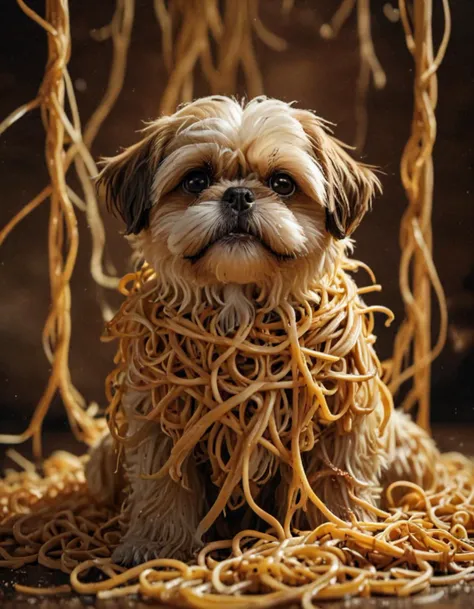 photograph (((Shitzu made of spaghetti))), perfect composition, masterpiece, best quality, Only spaghetti++, 50mm . cinematic 4k epic detailed 4k epic detailed photograph shot on kodak detailed cinematic hbo dark moody, 35mm photo, grainy, vignette, vintage, Kodachrome, Lomography, stained, highly detailed, found footage, (((Shitzu made of spaghetti))), perfect composition, masterpiece, best quality, Only spaghetti++, very intricate, highly detailed, sharp focus, burning background, great cinematic light, dynamic dramatic atmosphere, vivid, beautiful, elegant, designed, color spread, professional, extremely stylish, cute, decorated, creative, nice, charming, marvelous, fabulous, flowing, infinite