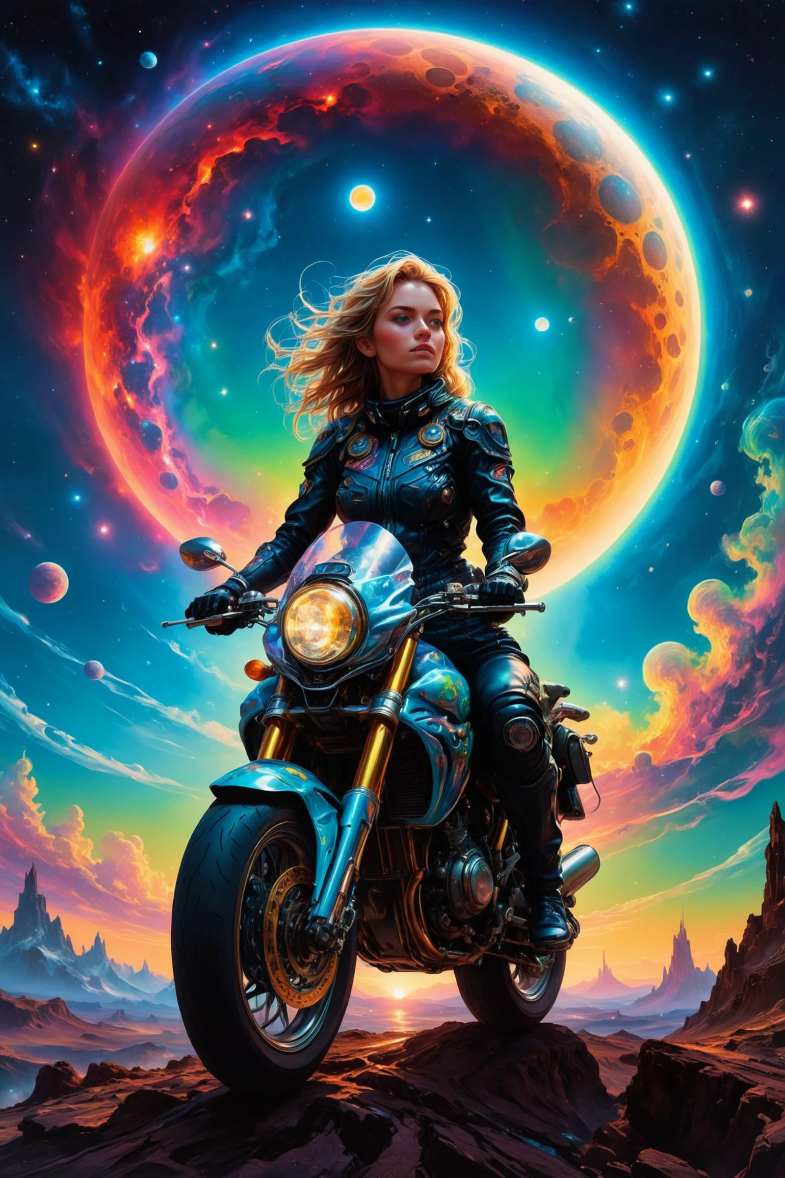 highly detailed realistic oil painting of a biker girl riding her motorcycle on an alien planet, vibrant colors, intricate details, by Thomas Moran and Jean-Auguste-Dominique Ingres, (long shot), clear blue sky with multiple moons in the background. <lora:detailed_notrigger:1> <lora:DetailMaximizer:1> <lora:SDXLFaeTastic2400:0.8> <lora:M05_Intensify:0.2> <lora:th3rm4lXLP:1> th3rm4l, colorful, thermal