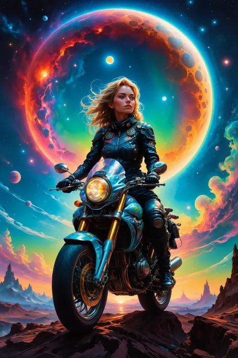 highly detailed realistic oil painting of a biker girl riding her motorcycle on an alien planet, vibrant colors, intricate details, by Thomas Moran and Jean-Auguste-Dominique Ingres, (long shot), clear blue sky with multiple moons in the background. <lora:detailed_notrigger:1> <lora:DetailMaximizer:1> <lora:SDXLFaeTastic2400:0.8>  <lora:M05_Intensify:0.2> <lora:th3rm4lXLP:1> th3rm4l, colorful, thermal