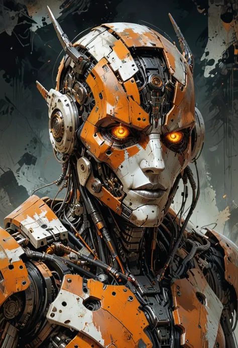 Grunge style cyborg robot, rust and scratches, heavy patina, half of its face is obscured by damaged circuitry and exposed wiring hinting, despite its apparent malfunction the robot stands tall and proud testament to survival against all odds, atmospheric perspective, harsh light, style of Guweiz and Stephan Martiniere,, rating_safe,  <lora:YossiKotlerXLStyle:0.4> yktlr, painting, orange, black, white, large,
 <lora:sdxl_lightning_8step_lora:1.0> . Textured, distressed, vintage, edgy, punk rock vibe, dirty, noisy