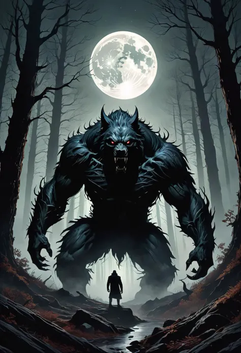 horror-themed Shiver in anticipation as you encounter a fearsome werewolf lurking in the dense woods, illuminated by the spectral glow of a full moon. Sinister intent emanates from its muscular form, teeth bared in a feral grin. Renowned artist Alena Aenami masterfully conveys the grimdark atmosphere, where twisted branches reach out like grasping fingers, eager to ensnare unwary travelers. The dark background intensifies the feeling of isolation, as though you alone bear witness to this creepy tale unfolding. The beast's eyes seem to follow you, promising a fate too terrible to imagine. Allow yourself to be drawn into the haunting narrative, rendered in exquisite detail and high resolution, certain to leave you questioning your sanity. . eerie, unsettling, dark, spooky, suspenseful, grim, highly detailed