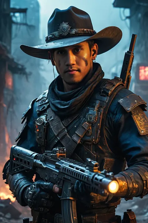 "1man, solo, detailed textures, fatal ruin background, LED,, closed mouth, cowboy shot, , holding epic otomatic machine gun:1,armor, explotion, ((LED body Armor:1)),leather body armor, semi robotic:1, ((NIGHT MODE)), , deep blue light eyes, fog:1, perfect ruin cyberpunk background, <lora:lora:1>