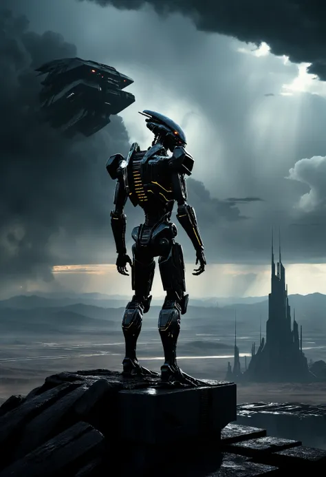 Alien-themed flat black mecha alien aka Bladerunner 2049, atmospheric perspective, dark ominous clouds, sunbeam, standing on an outcropping overlooking an alien metropolitan area, high contrast. Extraterrestrial, cosmic, otherworldly, mysterious, sci-fi, highly detailed, <lora:SDS_Contrast tool_XL:1.0>, <lora:RMSDXL_Enhance:1.0>, <lora:zavy-cntrst-sdxl:0.4>