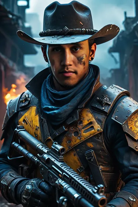 "1man, solo, detailed textures, fatal ruin background, LED,, closed mouth, cowboy shot, , holding epic otomatic machine gun:1,armor, explotion, ((LED body Armor:1)),leather body armor, semi robotic:1, ((NIGHT MODE)), , deep blue light eyes, fog:1, perfect ruin cyberpunk background, <lora:lora:1>