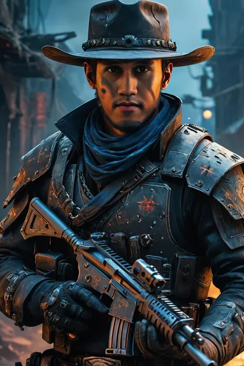 "1man, solo, detailed textures, fatal ruin background, LED,, closed mouth, cowboy shot, , holding epic otomatic machine gun:1,armor, explotion, ((LED body Armor:1)),leather body armor, semi robotic:1, ((NIGHT MODE)), , deep blue light eyes, fog:1, perfect ruin cyberpunk background, <lora:lora:1>
