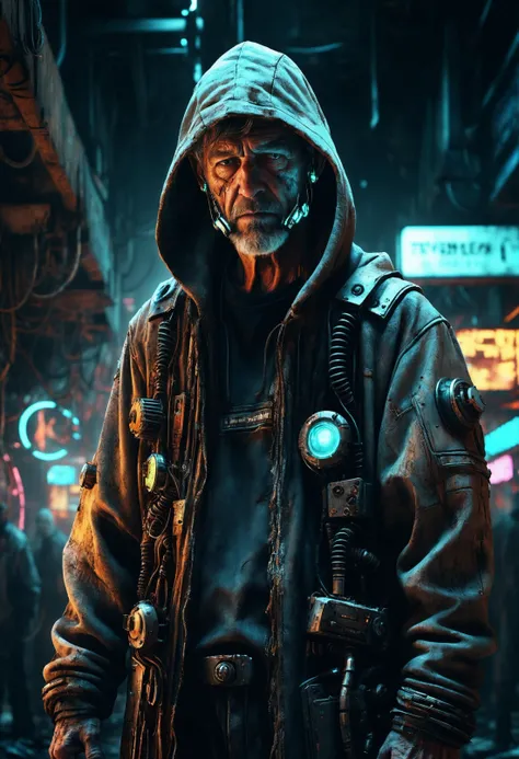 technopunk style Post-apocalyptic wasteland, nighttime, dark vast underground tech bazaar, cybernetic implants, mechanical arms,dimly lit by flickering neon signs, mature man with graying brown hair, standing tall amidst the chaos, intense gaze from his large, dimly lit mechanical eyes. Exhaustion etched on his haggard face, he wears a cybernetic hooded jumpsuit, hood down, eyes wary, style of Ash Thorp.
