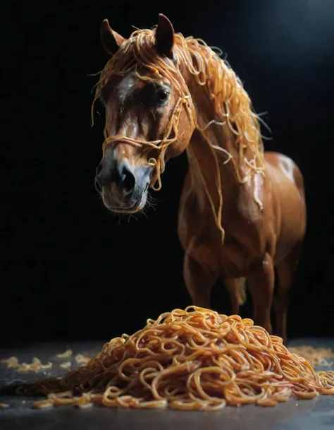 photograph Horse made of spaghetti, perfect composition, masterpiece, best quality, [:cinematic lighting:.35], 50mm . cinematic 4k epic detailed 4k epic detailed photograph shot on kodak detailed cinematic hbo dark moody, 35mm photo, grainy, vignette, vintage, Kodachrome, Lomography, stained, highly detailed, found footage, Horse made of spaghetti, perfect composition, masterpiece, best quality, [:cinematic lighting:.35], sharp focus, highly detailed, cinematic atmosphere, incredible light, great complimentary colors, dynamic dramatic color, aesthetic, very inspirational, inspiring, vibrant deep complex artistic, appealing, epic, stunning, beautiful, surreal, background, rich vivid colorful intricate detail, amazing