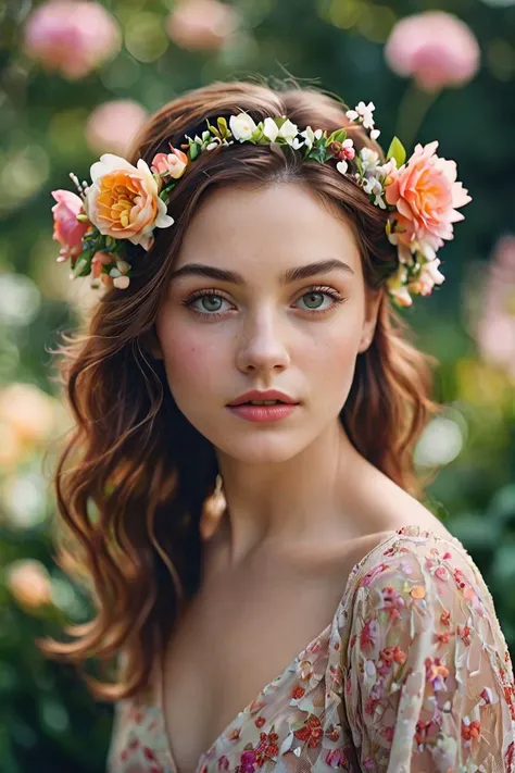color photo of a lady, flowers on hairs, bokeh, cinematic, RAW candid cinema, 16mm, color graded portra 400 film, remarkable color, ultra realistic, textured skin, remarkable detailed pupils, realistic dull skin noise, visible skin detail, skin fuzz, dry skin, shot with cinematic camera