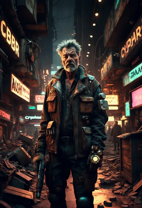 technopunk style Post-apocalyptic wasteland, nighttime, dark vast underground tech bazaar, cybernetic implants, mechanical arms,dimly lit by flickering neon signs, mature man, messy graying brown hair, standing tall amidst the chaos, large dimly lit mechanical eyes, weary eyes, intense and cautious. Exhaustion etched on his haggard face, he wears a cybernetic hooded jumpsuit, hood down, eyes wary. muted color, rubble piles, street vendors, fire in a barrel, style of Ash Thorp, <lora:Neon_Cyberpunk_Cyberbody_v2_SDXL:1.0>, mad-cbrbdy, cyberpunk,