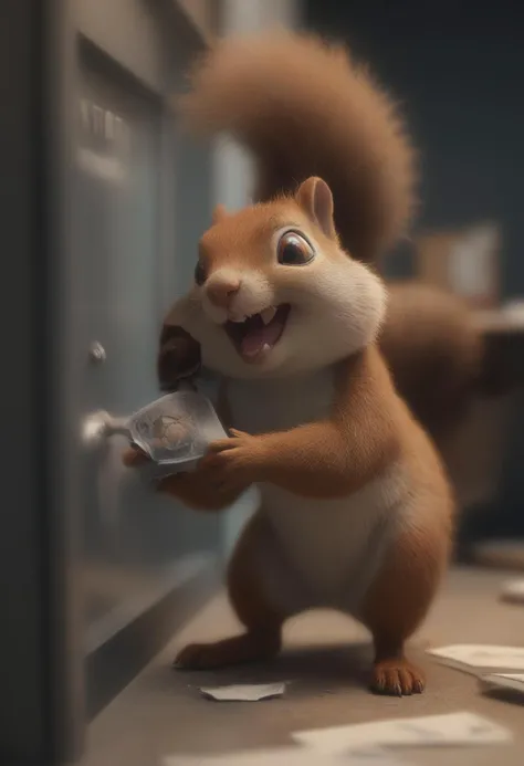 crazy squirrel with a mask on face robbing a bank caught in motion near open safe, pixar disney 4k, 3d render funny animation oscar winning trending on artststion and behance, oscar award winning