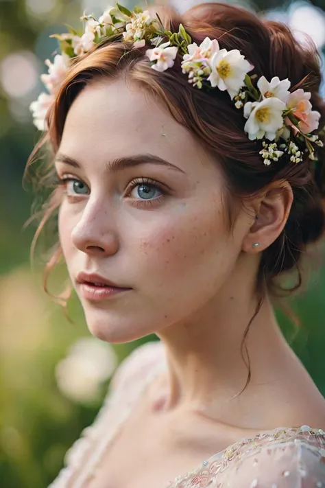 color photo of a lady, flowers on hairs, bokeh, cinematic, RAW candid cinema, 16mm, color graded portra 400 film, remarkable color, ultra realistic, textured skin, remarkable detailed pupils, realistic dull skin noise, visible skin detail, skin fuzz, dry skin, shot with cinematic camera