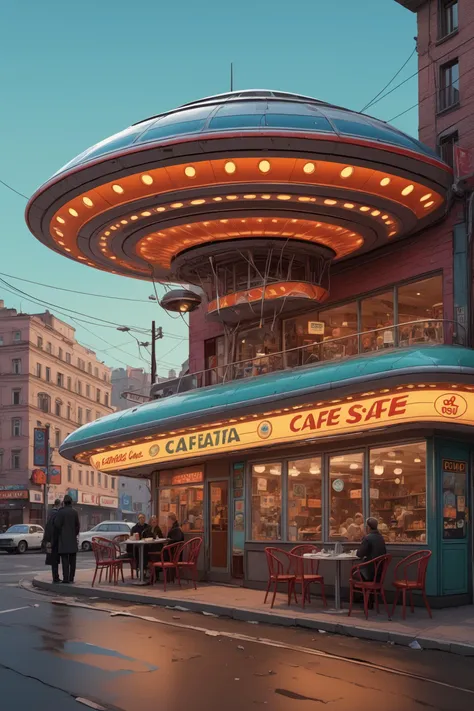 Realistic digital painting of a cafe by the side of the road, stylized to look like a flying saucer, inspired by Soviet sci-fi art and retro futurism, vibrant colors, intricate details, concept art. <lora:detailed_notrigger:1.2> <lora:th3rm4lXLP:1.2> th3rm4l, colorful, thermal <lora:JuggerCineXL2:1> Still, Film Still, Cinematic, Cinematic Shot, Cinematic Lighting