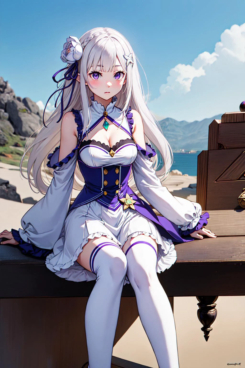 1girl, solo, <lora:Emilia_V2-000004:0.8>, Emilia, emilia_\(re:zero\), long hair, silver hair, blunt bangs, braid, hair ornament, hair flower, hair ribbon, purple ribbon, purple eyes, blush, low-tied long hair, elf, dress, bare shoulders, detached sleeves, wide sleeves, cleavage, pleated skirt, thighhights, white legwear, white shoes, outdoors, (masterpiece:1.2), highres, best quality, 8k, very clear,