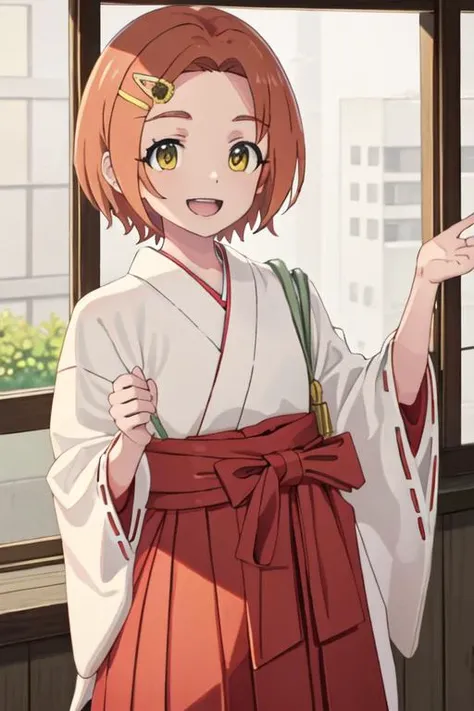 best quality, masterpiece, highres, solo, {white kimono:1.35}, {red hakama:1.35}, {wide sleeves:1.20}, {ryuzaki_kaoru_theidolmastercinderellagirlsu149:1.15}, short_hair, hair_ornament, hairclip, orange_hair, brown_hair, yellow_eyes, smile, upper_body, open_mouth