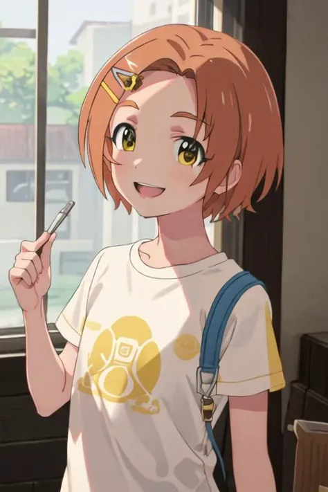 best quality, masterpiece, highres, solo, {ryuzaki_kaoru_theidolmastercinderellagirlsu149:1.15}, short_hair, hair_ornament, hairclip, orange_hair, brown_hair, yellow_eyes, smile, upper_body, open_mouth, 1girl, looking_at_viewer