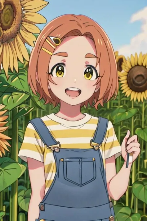 best quality, masterpiece, highres, solo, {ryuzaki_kaoru_theidolmastercinderellagirlsu149:1.15}, short_hair, hair_ornament, hairclip, orange_hair, brown_hair, yellow_eyes, smile, upper_body, open_mouth, 1girl, flower, shirt, striped, striped_shirt, hair_flower, looking_at_viewer, overalls, sunflower_hair_ornament, outdoors, teeth, thick_eyebrows