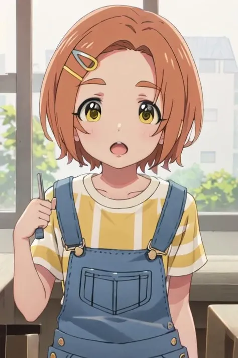 best quality, masterpiece, highres, solo, {ryuzaki_kaoru_theidolmastercinderellagirlsu149:1.15}, short_hair, hair_ornament, hairclip, orange_hair, brown_hair, yellow_eyes, smile, upper_body, open_mouth, 1girl, :o, flower, hair_flower, shirt, thick_eyebrows, looking_at_viewer, overalls, striped, striped_shirt