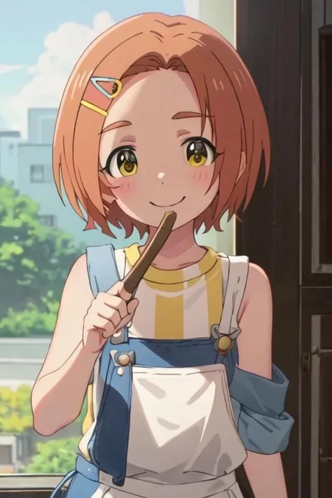 best quality, masterpiece, highres, solo, {ryuzaki_kaoru_theidolmastercinderellagirlsu149:1.15}, short_hair, hair_ornament, hairclip, orange_hair, brown_hair, yellow_eyes, smile, upper_body, open_mouth, 1girl, ^_^, blush, closed_eyes, closed_mouth, sleeveless, apron, indoors