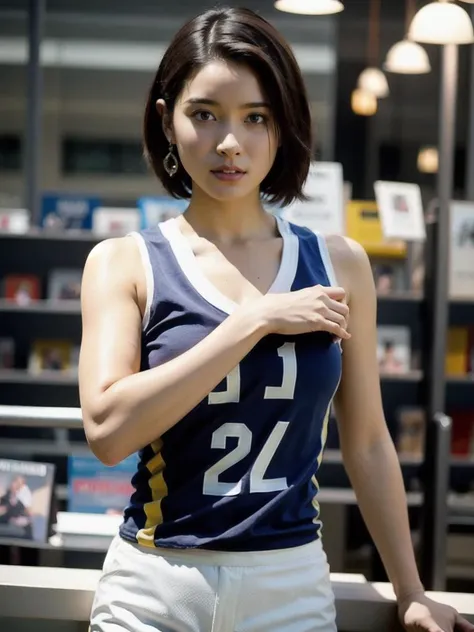 nikon RAW photo,8k,Fujifilm XT3,HDR,masterpiece,best quality,realistic,photorealistic,ultra detailed,extremely detailed face,bookstore,cinematic lighting,gril,1girl,solo,upper body,earrings,medium breasts,(ulzzang-6500:0.6),happy,City,short hair,sportswear,fighting stance,<lora:tsuchiyatao_lora-07:0.65>,<lora:FilmG3:0.4>,