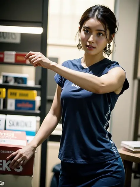 nikon RAW photo,8k,Fujifilm XT3,HDR,masterpiece,best quality,realistic,photorealistic,ultra detailed,extremely detailed face,bookstore,cinematic lighting,gril,1girl,solo,upper body,earrings,medium breasts,(ulzzang-6500:0.6),happy,City,short hair,sportswear,fighting stance,<lora:tsuchiyatao_lora-07:0.65>,<lora:FilmG3:0.4>,