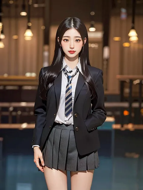 1girl, solo, realistic, looking at viewer,
standing, (thighs and up:1.4), (smile:1.1),
makeup, lips, oxford shirt, necktie, blazer, skirt,
<lora:ivewonyoung-v3:1> ivewonyoung, (photorealistic:1.4)(realistic, photo-realistic:1.4),(masterpiece, best quality:1.4),ultra high res,8k UHD, HDR, RAW, incredibly absurdres, official art, vivid colors, lens 135mm, f1.8, depth of field, Rim lighting, rim lighting, ((stunning gradient colors))