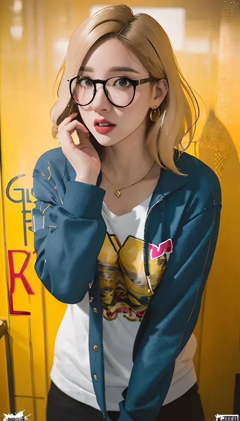 nsfw,masterpiece,best quality,cinematic style,wallpaper,photo-realistic,Cinematic Lighting,incredibly absurdres,extremely detailed,physically-based rendering,High quality texture,Ray tracing,dynamic_angle,cinematic_angle,highly detailed portrait of Lauren Holly,Olive eyes,eyeglasses,Gold hair,gradient yellow,brown and magenta color scheme, graffiti tag wall background,