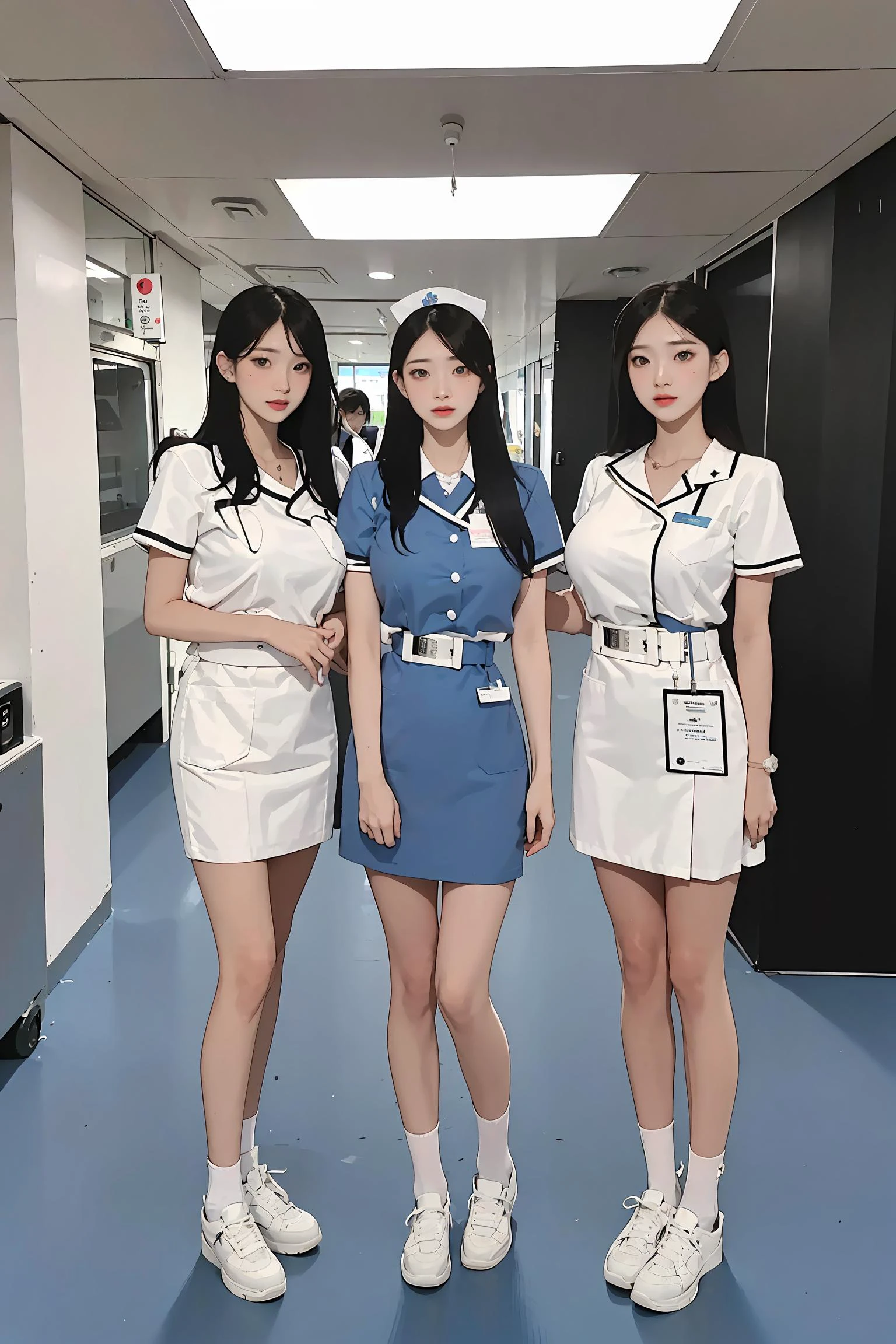 Polaroid blue tone, masterpiece, best quality, (white nurse uniform), dark background,(long hair,single sidelock),in Hospital ,idol,full body