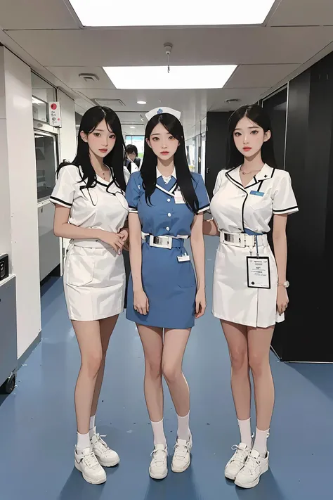 Polaroid blue tone, masterpiece, best quality, (white nurse uniform), dark background,(long hair,single sidelock),in Hospital ,idol,full body