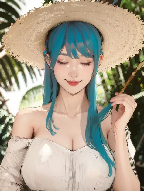 1girl, solo, long hair, hatsune miku, dress, flower, hat, white dress, closed eyes, holding hat, holding, hat removed, smile, upper body, white flower, leaf, holding clothes, sun hat, headwear removed, bare shoulders, very long hair, aqua hair, twintails, closed mouth, facing viewer, bangs,<lora:CrowStyleV10-000009:0.85> ,