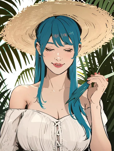 1girl, solo, long hair, hatsune miku, dress, flower, hat, white dress, closed eyes, holding hat, holding, hat removed, smile, upper body, white flower, leaf, holding clothes, sun hat, headwear removed, bare shoulders, very long hair, aqua hair, twintails, closed mouth, facing viewer, bangs,<lora:CrowStyleV10-000009:0.85> ,