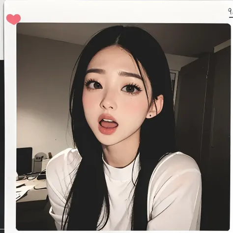 Polaroid, masterpiece, best quality, (tougue out, open mouth:1.1), very long hair, ulzzang, dark background