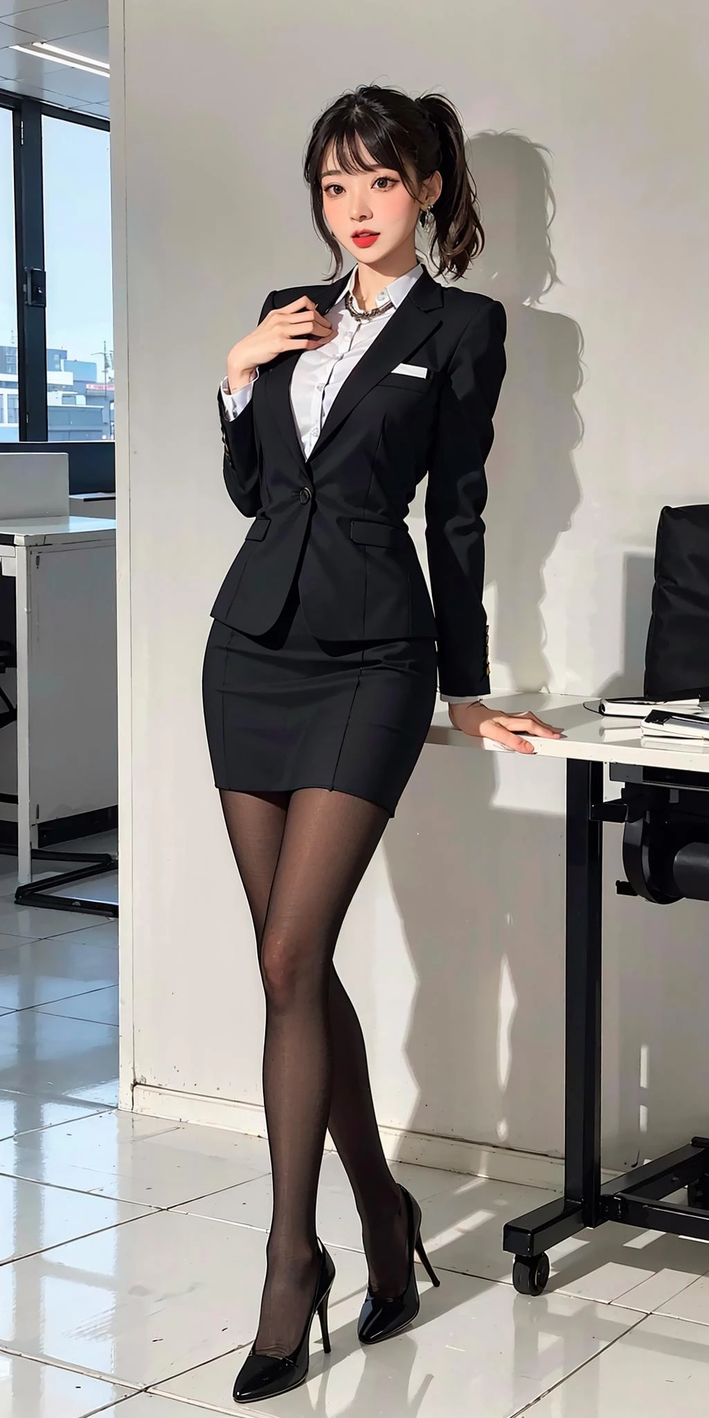 RAW,masterpiece,(beautiful 20 years girl mix),best quality,beautiful detailed eyes,beautiful girl face:1.4,makeup face,absurdres,cinematic light:1.4,(8K, uhd),photo realistic:1.4,(Realistic:1.4),extremely detailed CG unity 8k wallpaper,beautiful detailed hands,
tall girl,long legs,perfect body:1.4,perfect anatomy:1.4,sharp pocus,
standing,show one leg,dynamic pose,luxury,luxurious,masterpiece,best quality,ultra highres,(korean cute girl),full body,housemaid,,shiny_skin,skinny,silver hair,medium hair,bangs,Side ponytail,makeup,blush,red_lips_,open_mouth,drooling,medium breasts,hanging breasts,narrow waist,business_suit,blouse,waistcoat,skirt_suit,black_pantyhose,see-through,tight,stiletto_heels,earrings,lace-trimmed_hairband,brooch,tassel,necklace,(high-end:1.3),
open mouth,(orgasm:1.3),Side ponytail,(bangs:1.4),(office lady:1.3),lift ass,see-through,sexy,
gorgeous,(ultra intricate details:1.1),realistic best quality background,ulzzangs,blush,
full body shot,taken from below,wide angle,perfect light,perfect composition,
landscape,widescape,epic scene,movie style,cinematic rendering,random act,random pose,wide view,very wide shot,random angle,medium breasts:0.1,extreme clarity,random focus,Happy,smile:0.3,<lora:add_detail:0.7>,