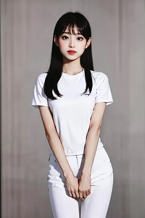 <lora:lnchuu:0.6> lnchuu, small proportion,
1girl, solo, realistic, looking at viewer, facing viewer,
(smile:0.8),
grey background,
standing, thighs,
white t-shirt, skinny jeans, (high quality:1.4), (photorealistic:1.6), 8k, uhd, highres, absurdres, professional photo, highly detailed, detailed skin, masterpiece, (hyperrealism)