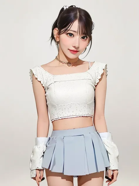 (realistic), (hyperrealism), (photorealistic:1.4), best quality, masterpiece, xsaku, ((1girl, solo)), makeup, detailed eyes, oval face, detailed face, (cowboy shot:1.2), diamond choker, ear piercing, white slip, ponytail, (smile:0.8), (short:1.3) skirt, thighs, standing, simple background, <lora:xsaku:1> <lora:koreanDollLikeness:0.2>