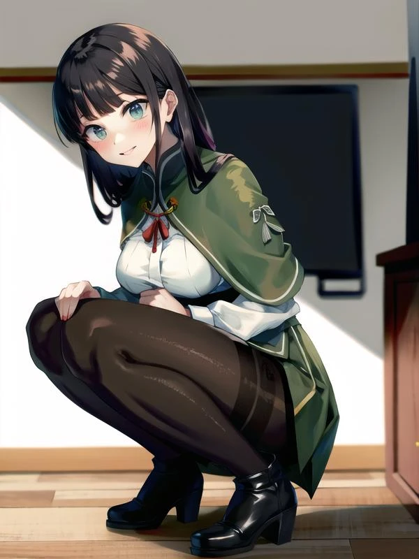 (hyper extreme detailed),(masterpeace),(hyper extreme),(photorealistic),CG,llustration,novel illustration,game cg,(one reg,out of focus,cross body
cross leg,cross arm,greyscale:-1),(curved leg,curved arm:-0.5), (bad leg,missing reg,vanishing legs,tangled reg:-1)(perfect anatomy:1.4),(good anatomy:1.4),(white thighhighs:-1),solo,indoors, <lora:kasugayama_v1:0.8>kasugayama,green capelet,white shirt,green skirt,(black pantyhose:1.5),boots,long hair,