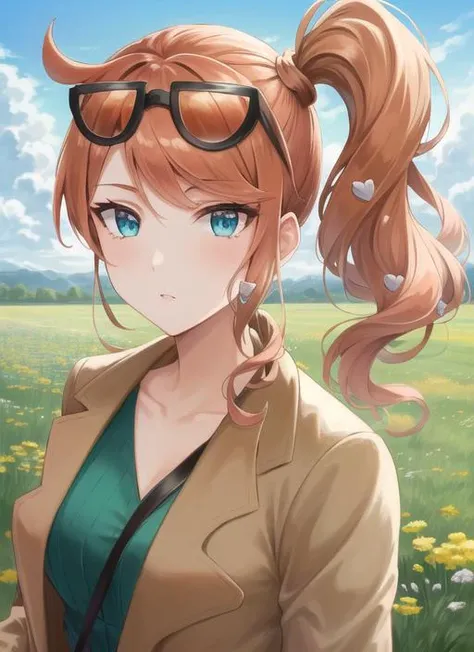 ((best quality)), ((highly detailed)), masterpiece, detailed face, beautiful face, (detailed eyes, deep eyes), (1girl), upper body, <lora:pokemon_sonia:1>, sonia, orange hair, side ponytail, heart hair ornament, aqua eyes, eyewear on head, brown trench coat, pants, outside, in a field